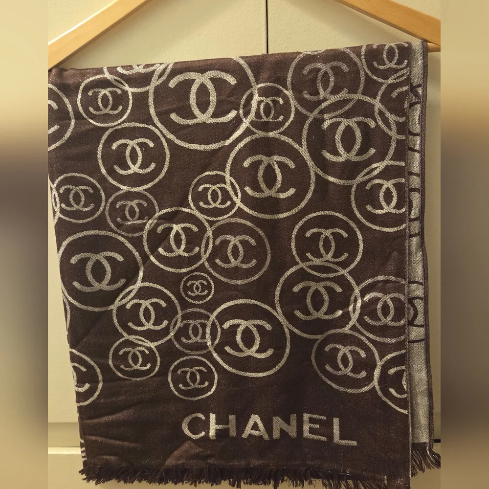 Chanel Brown and Silver Logo Scarf - Picture 1 of 8
